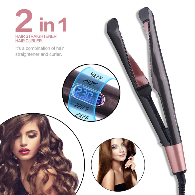 Professional 2 in 1 Hair Curler & Straightener Spiral Wave Curl And Flat Iron Styling Tools