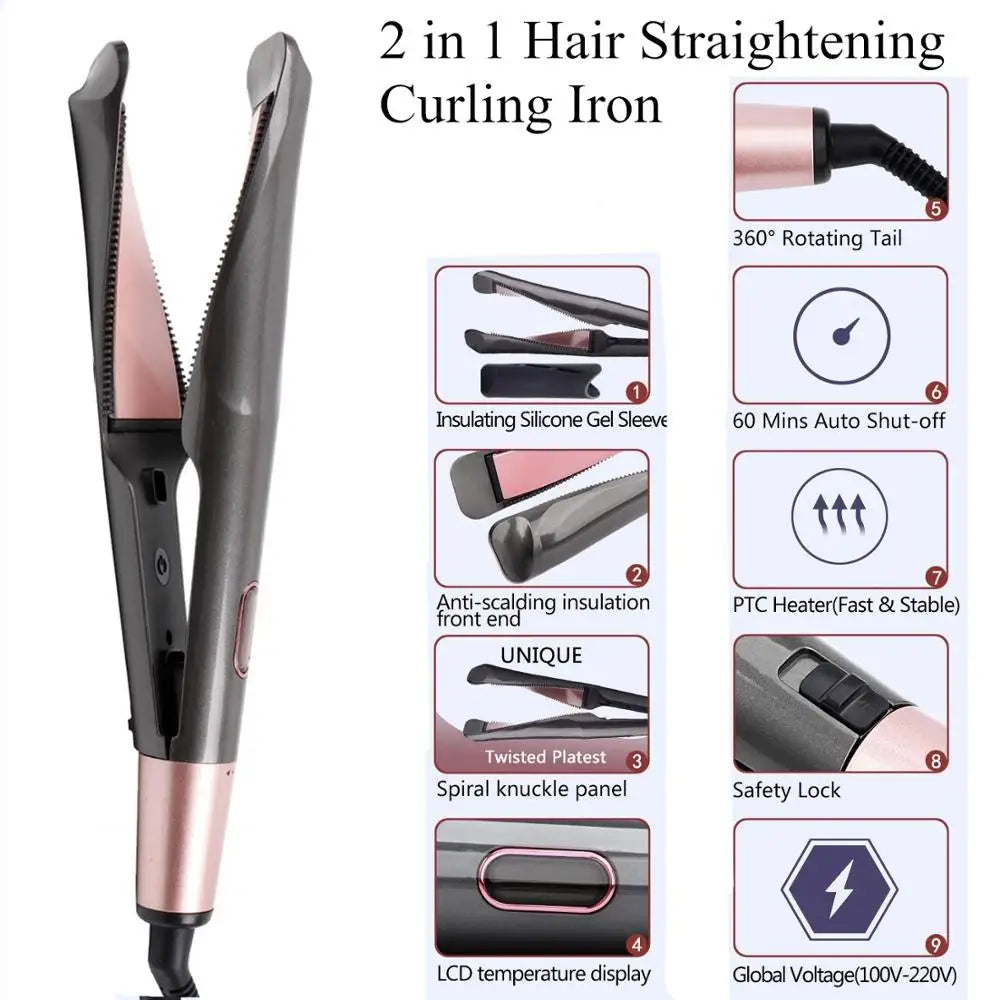 Professional 2 in 1 Hair Curler & Straightener Spiral Wave Curl And Flat Iron Styling Tools