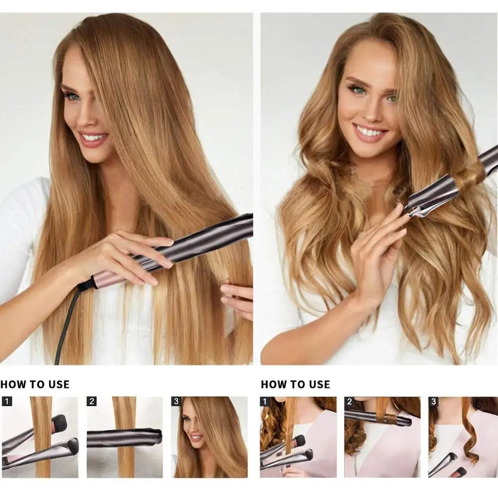 Professional 2 in 1 Hair Curler & Straightener Spiral Wave Curl And Flat Iron Styling Tools